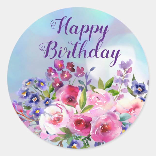 Stickers Rond Fleurs d'Aquarelle Joyeux Anniversai (Devant)
