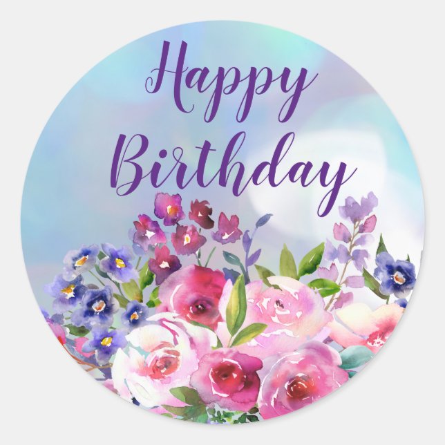 Stickers Rond Fleurs d'Aquarelle Joyeux Anniversai (Devant)