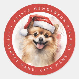 Stickers ronds Chien Poméranie de Noël