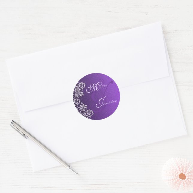 Stickers ronds Damask Royal Purple Mariage (Enveloppe)