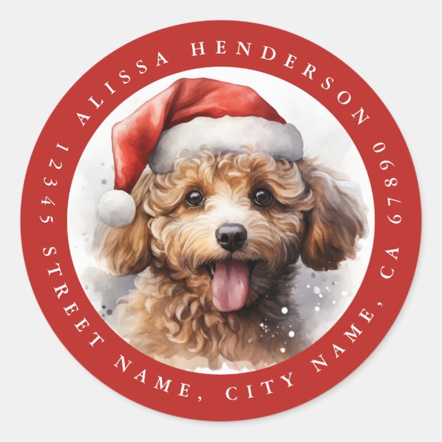 Stickers ronds de caniche de Noël (Devant)