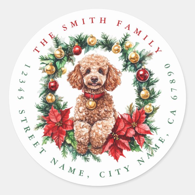 Stickers ronds de caniche de Noël (Devant)