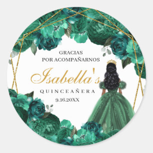 Stickers ronds de Quinceanera fleurie Emerald