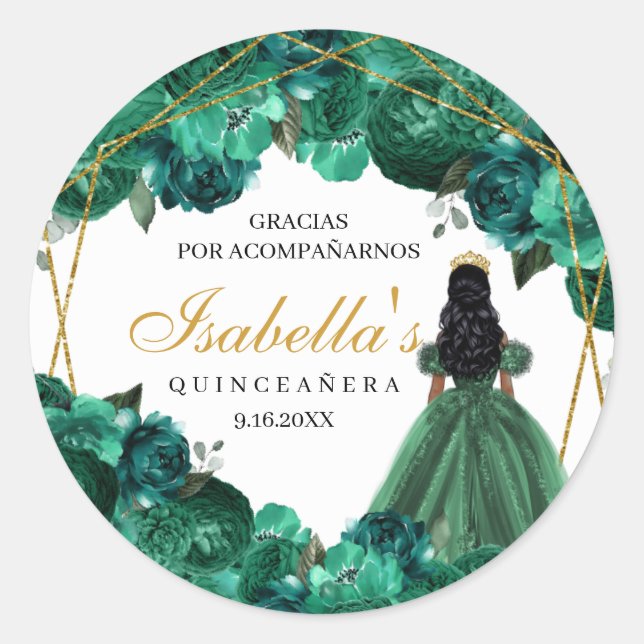 Stickers ronds de Quinceanera fleurie Emerald (Devant)