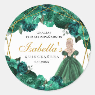 Stickers ronds de Quinceanera fleurie Emerald