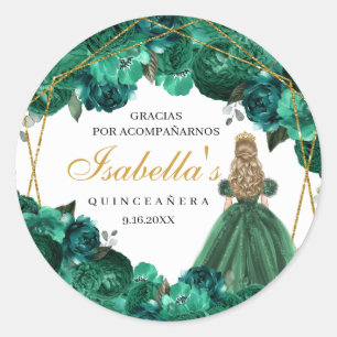 Stickers ronds de Quinceanera fleurie Emerald