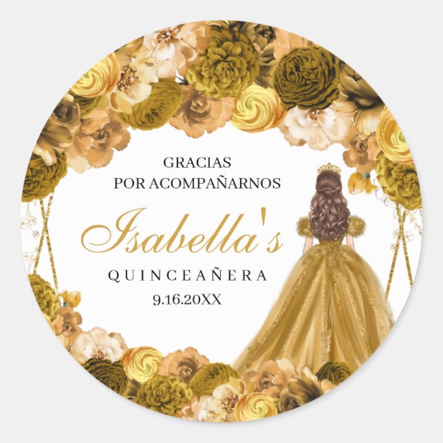 Stickers ronds de Quinceanera Floral Or (Devant)