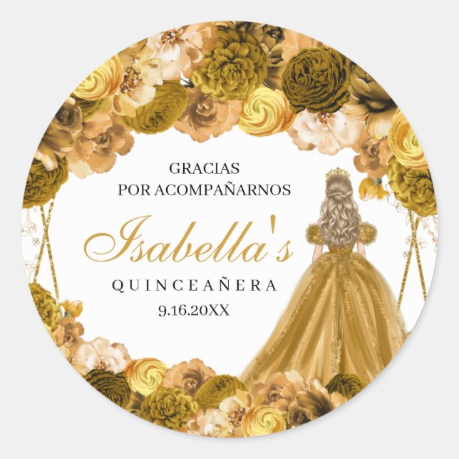 Stickers ronds de Quinceanera Floral Or (Devant)