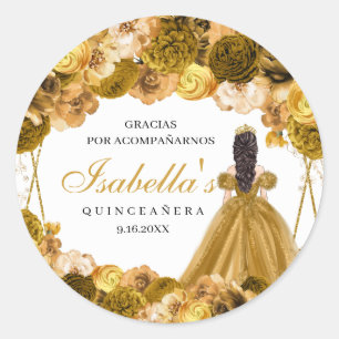 Stickers ronds de Quinceanera Floral Or