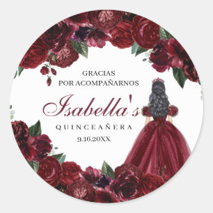 Stickers ronds de Quinceanera Florale Bourgogne