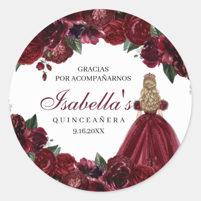 Stickers ronds de Quinceanera Florale Bourgogne (Devant)