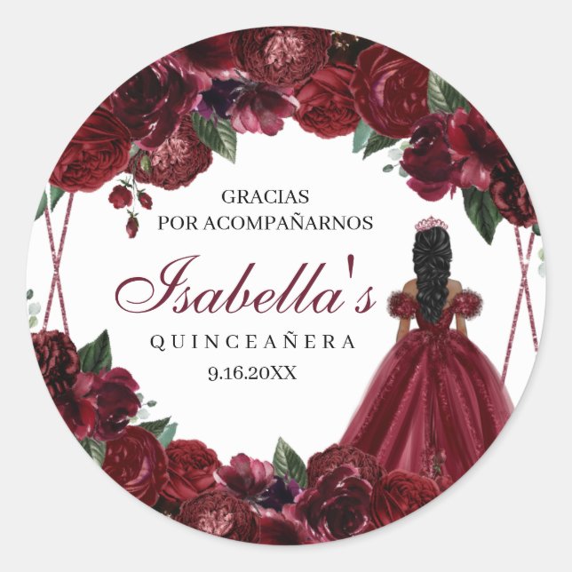 Stickers ronds de Quinceanera Florale Bourgogne (Devant)
