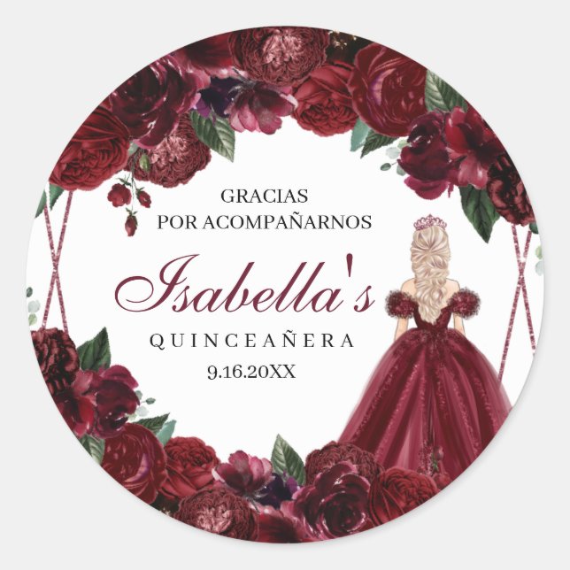 Stickers ronds de Quinceanera Florale Bourgogne (Devant)