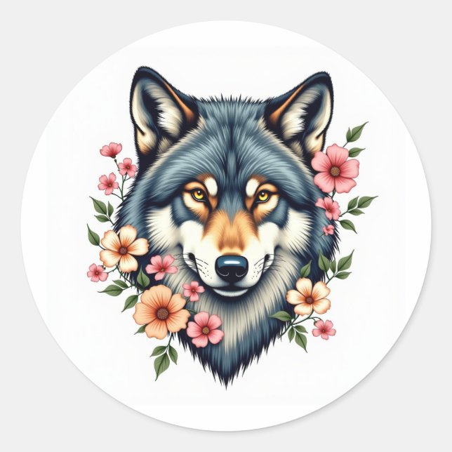 Stickers ronds de tête de loup floral classique (Devant)