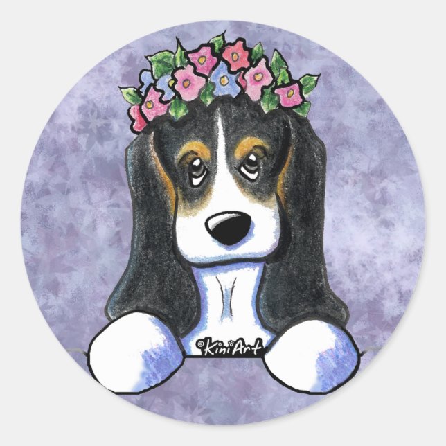 Stickers ronds Flower Basset Hound (Devant)