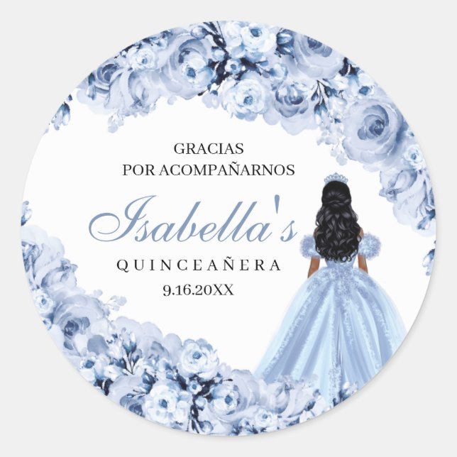 Stickers ronds Quinceanera bleu-bleu poussiéreux (Devant)
