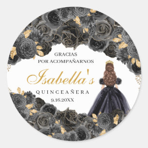 Stickers ronds Quinceanera Floral Noir et Or