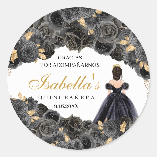 Stickers ronds Quinceanera Floral Noir et Or (Devant)