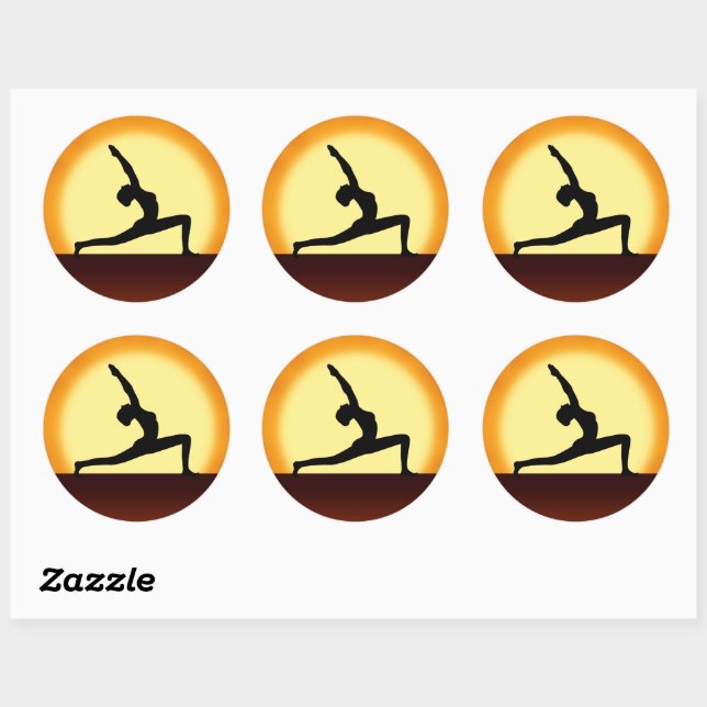 Stickers ronds Yoga Poteau Femme Silhouette Sunris (Feuille)