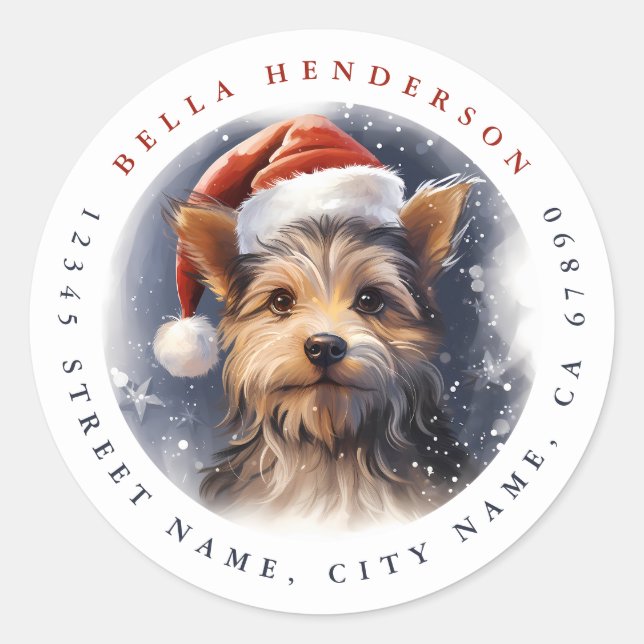 Stickers ronds Yorkshire de Noël Terrier (Devant)