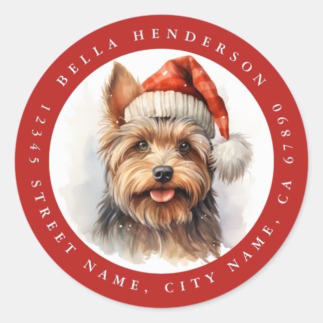 Stickers ronds Yorkshire de Noël Terrier (Devant)