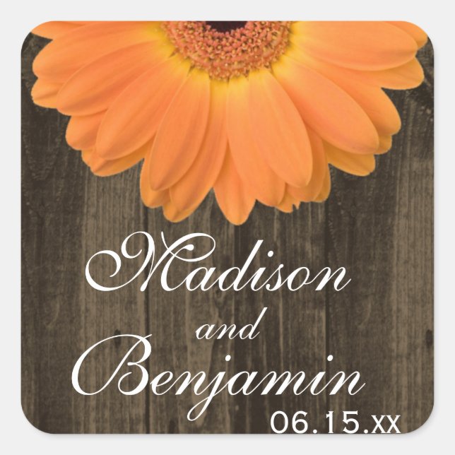 Stickers Rustique Bois Orange Daisy Mariage Faveur (Devant)