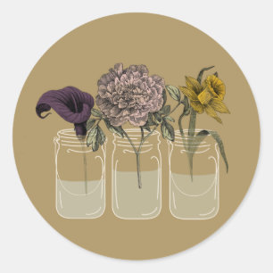 Stickers Rustique Mason Jar avec fleurs ronds