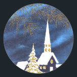 Stickers Snowy Christmas Church Amen<br><div class="desc">Scène vintage d'une église avec clocher recouvert de neige,  le soir au clair de lune,  avec des branches scintillantes au premier plan sur ces autocollants de Noël.</div>