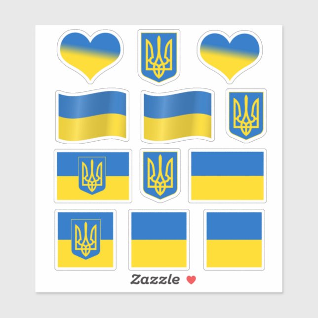 Stickers Ukraine, Drapeau ukrainien, Tryzub / Coeu (Feuille)
