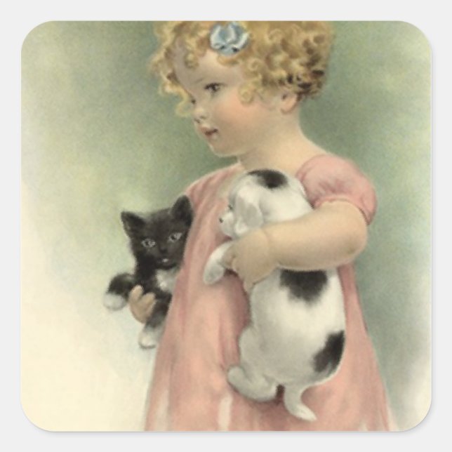 STICKERS Vintage Victorian Girl Kitten Puppy Sweet (Devant)