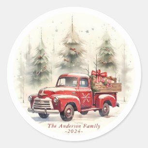 Stickers Vintages de Noël Rouges Camion ronds