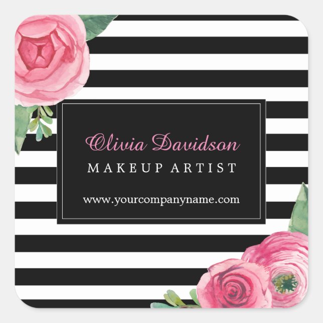 Stickers Watercoour Roses roses et rayures noires (Devant)
