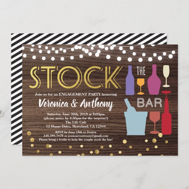 Stock du bar invitation fiançailles bois & or (Devant / Derrière)