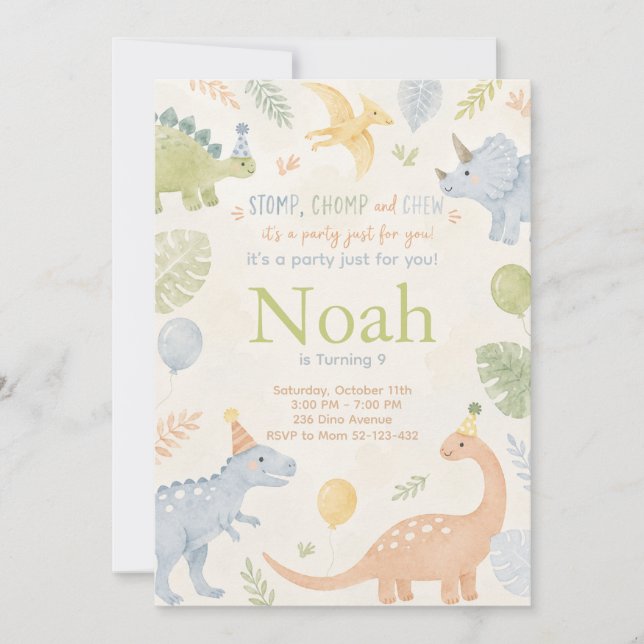 Stomp Chomp And Chew Dinosaur Invitation Editable (Devant)