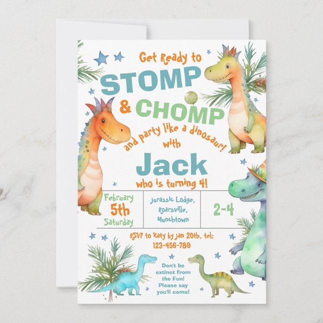 STOMP! CHOMP! Invitation à une fête d'anniversaire (Devant)