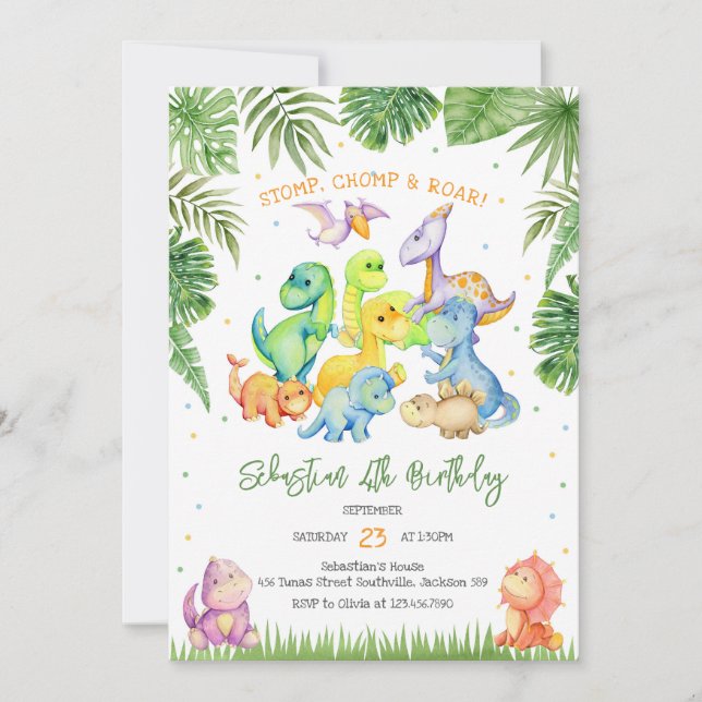 Stomp Chomp Roar Dinosaur Birthday Invitation (Devant)