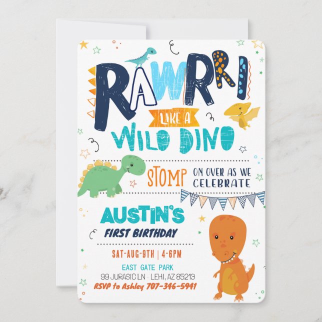 Stomp Chomp Roar Dinosaur Invitation Anniversaire (Devant)