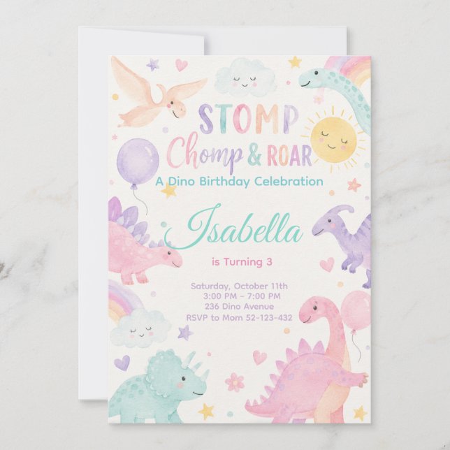 Stomp Chomp & Roar Dinosaur Invitation Editable (Devant)