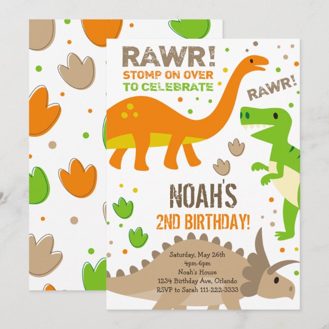 Stompe sur Dinosaur Invitation Anniversaire (Devant / Derrière)