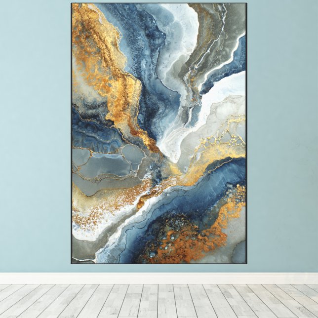 Stonelight Flow : Art mural abstrait bleu et or  (Insitu (Plancher de Bois))