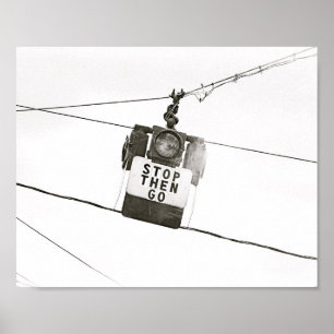 Stop Go Stoplight Street Light B&W Poster