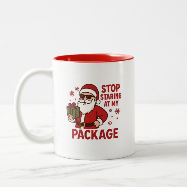 Stop Staring at My Package Santa Two-Tone Mug (Gauche)