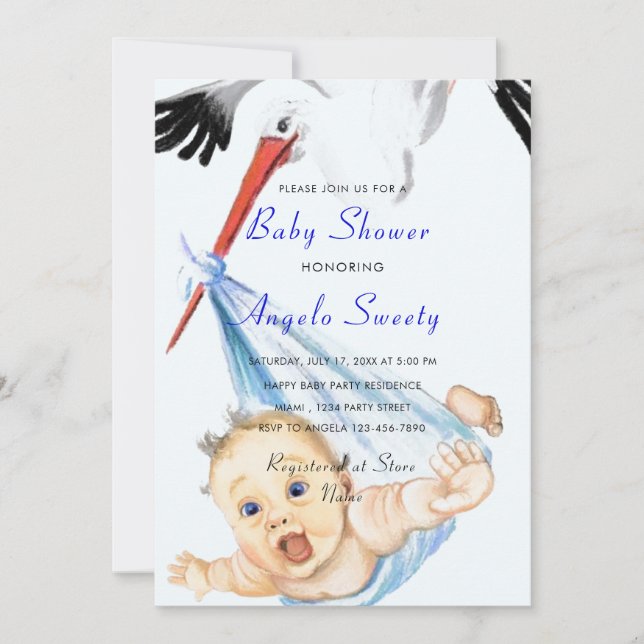Stork and Baby Boy Shower Invitation Exemple (Devant)
