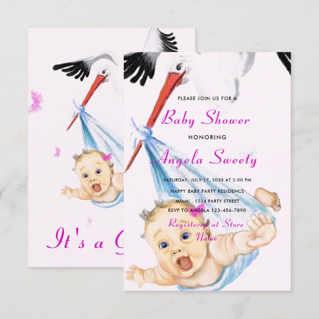 Stork avec Baby shower Invitation Exemple (Devant / Derrière)