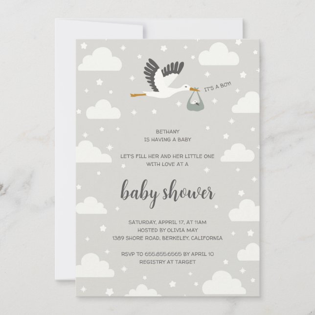 Stork illustration boy baby shower invitation (Devant)