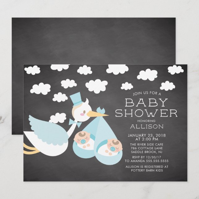 Stork & Twin Boys Twins Baby shower Invitation (Devant / Derrière)