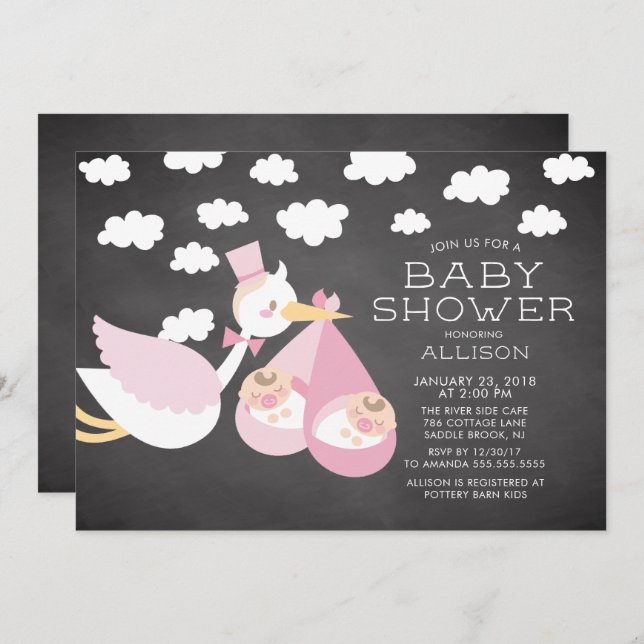 Stork & Twin Girls Twins Baby shower Invitation (Devant / Derrière)