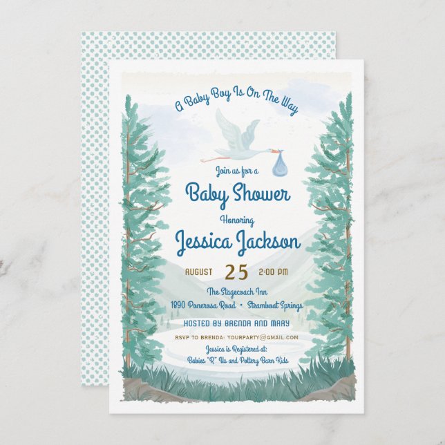 Stork's Journey Baby Boy Shower Invitation (Devant / Derrière)