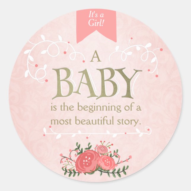 Storybook baby shower fille Sticker or rose (Devant)