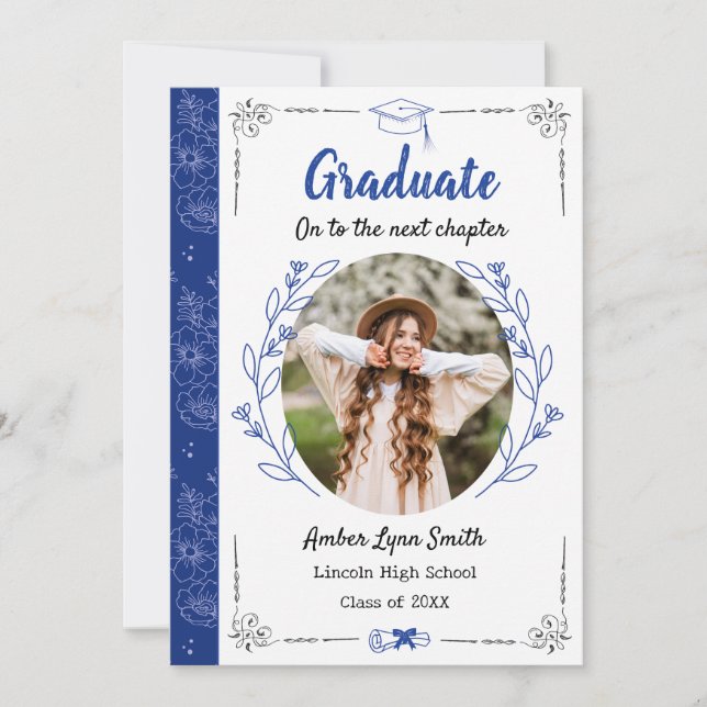 Storybook Blooms Graduation Carte photo, Royal Blu (Devant)